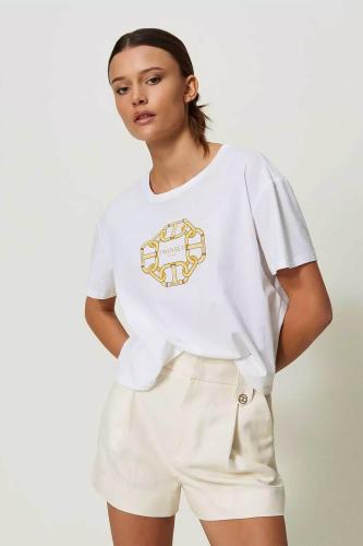 Twinset γυναικείο βαμβακερό T-Shirt με chain print - 241TP221A Λευκό